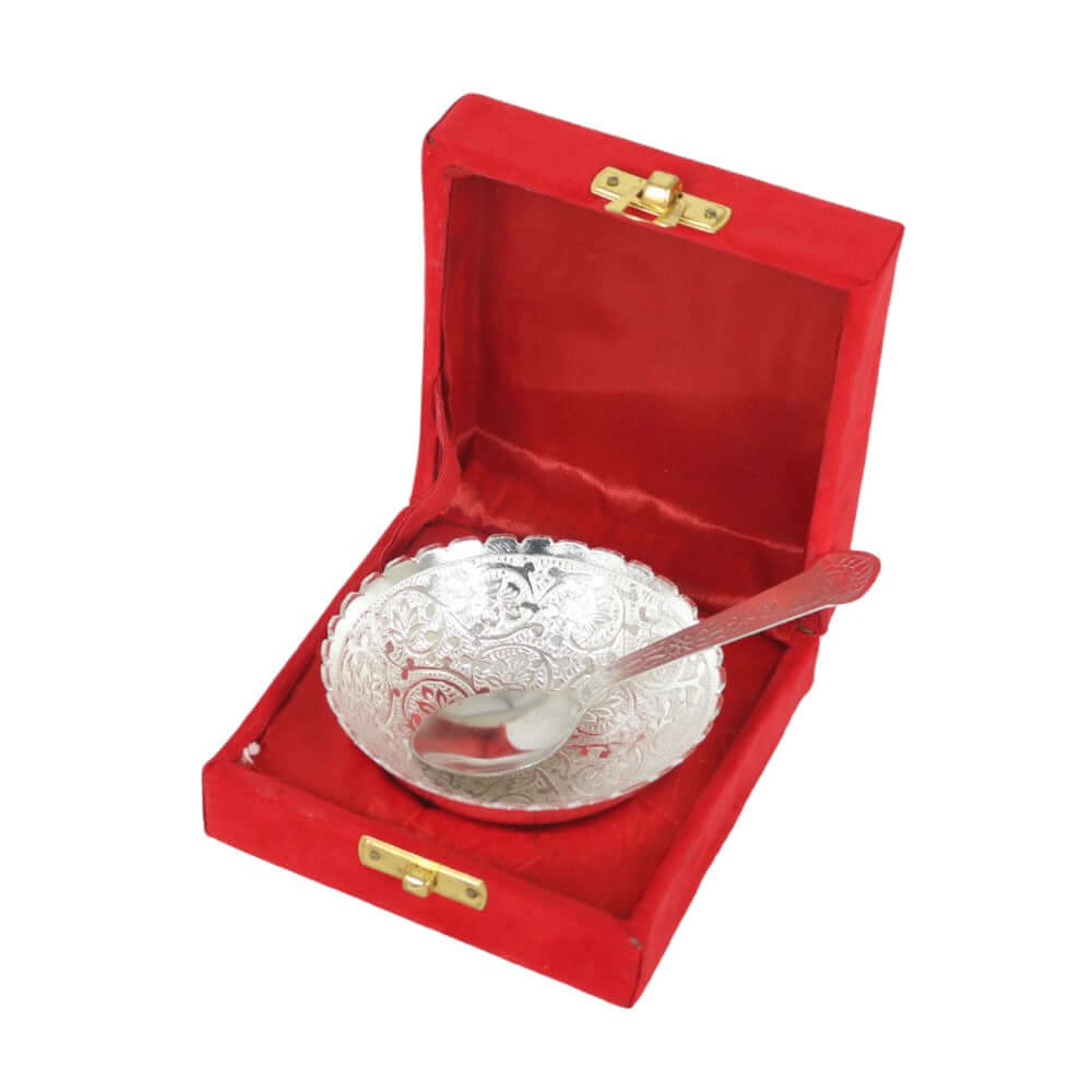 ROYALSTUFFS Silver Plated Floral Design Bowl 130 ML with 1 Spoon - Royalstuffs.com
