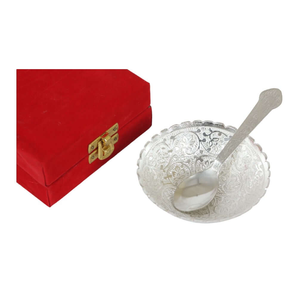 ROYALSTUFFS Silver Plated Floral Design Bowl 130 ML with 1 Spoon - Royalstuffs.com