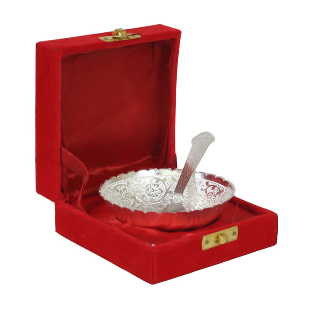 ROYALSTUFFS Silver Plated Floral Design Bowl 130 ML with 1 Spoon - Royalstuffs.com