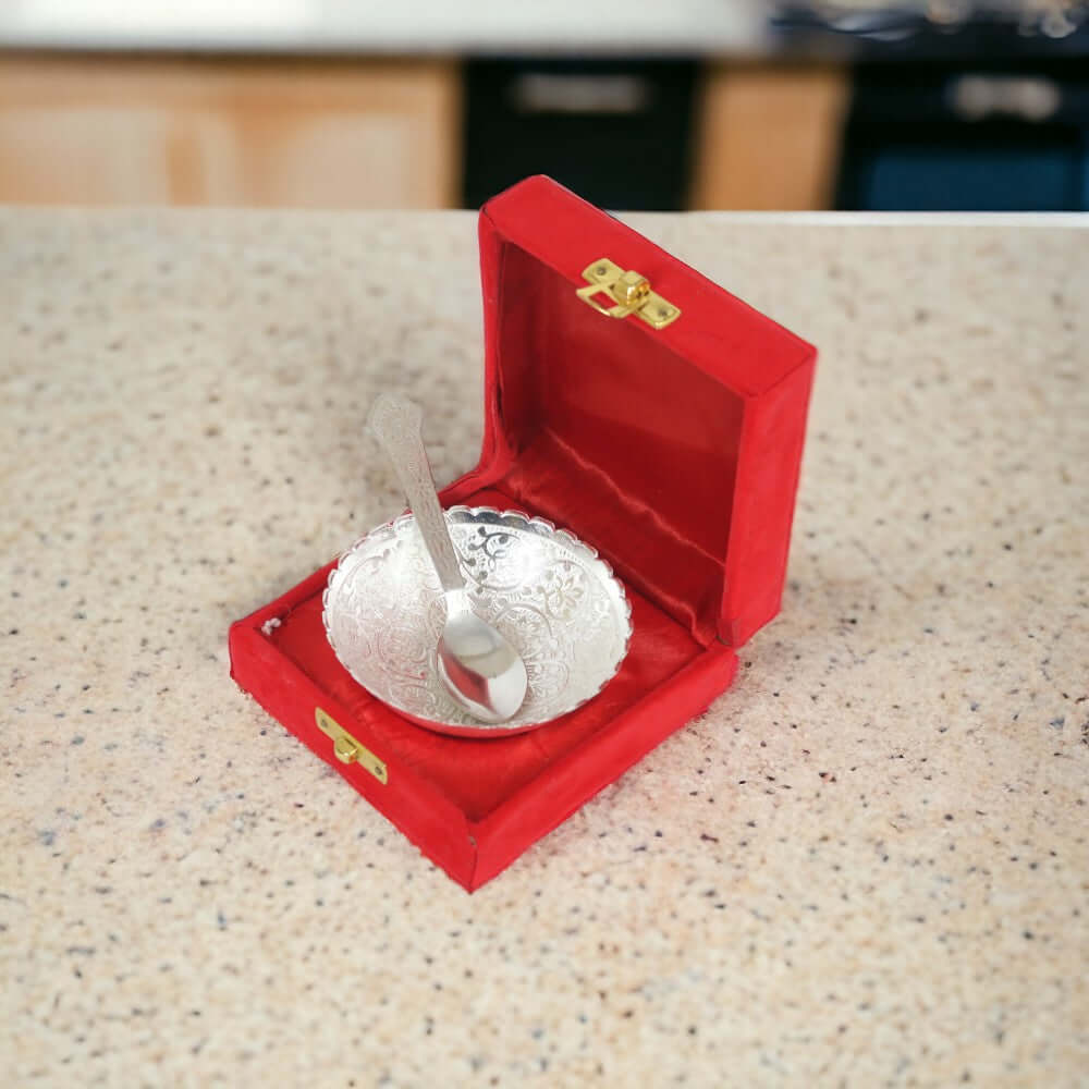 ROYALSTUFFS Silver Plated Floral Design Bowl 130 ML with 1 Spoon - Royalstuffs.com