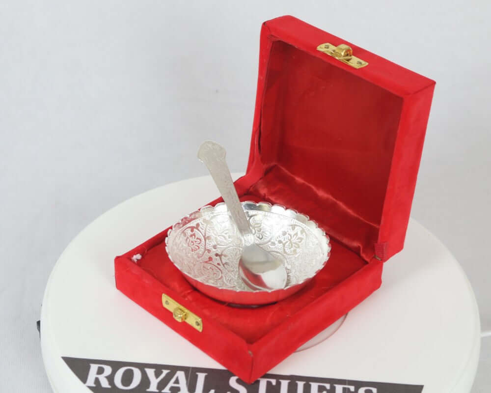 ROYALSTUFFS Silver Plated Floral Design Bowl 130 ML with 1 Spoon - Royalstuffs.com