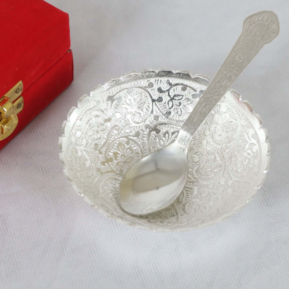 ROYALSTUFFS Silver Plated Floral Design Bowl 130 ML with 1 Spoon - Royalstuffs.com