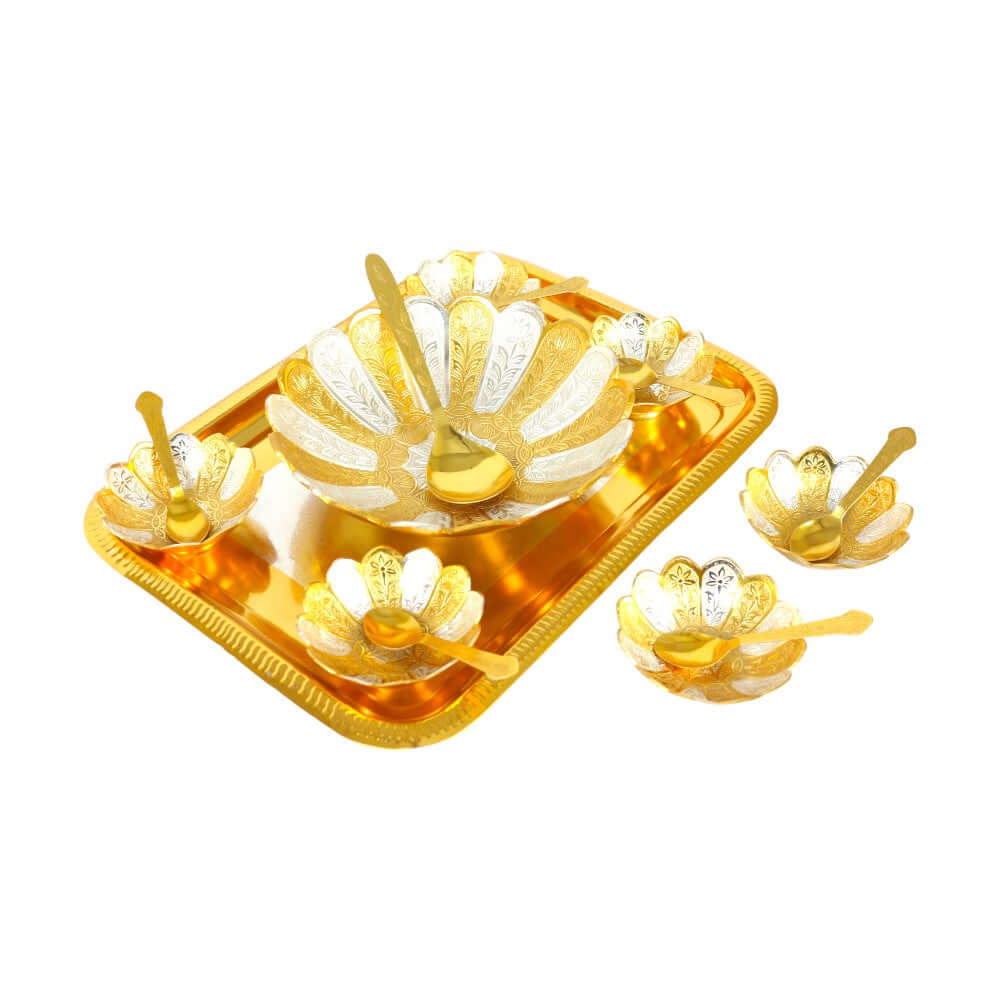 ROYALSTUFFS Silver Plated Gold Polished,Designer Set of 6 Small Bowl & 1 Big Bowl 6 Small Spoon & 1 Big Spoon and 1 Tray - Royalstuffs.com