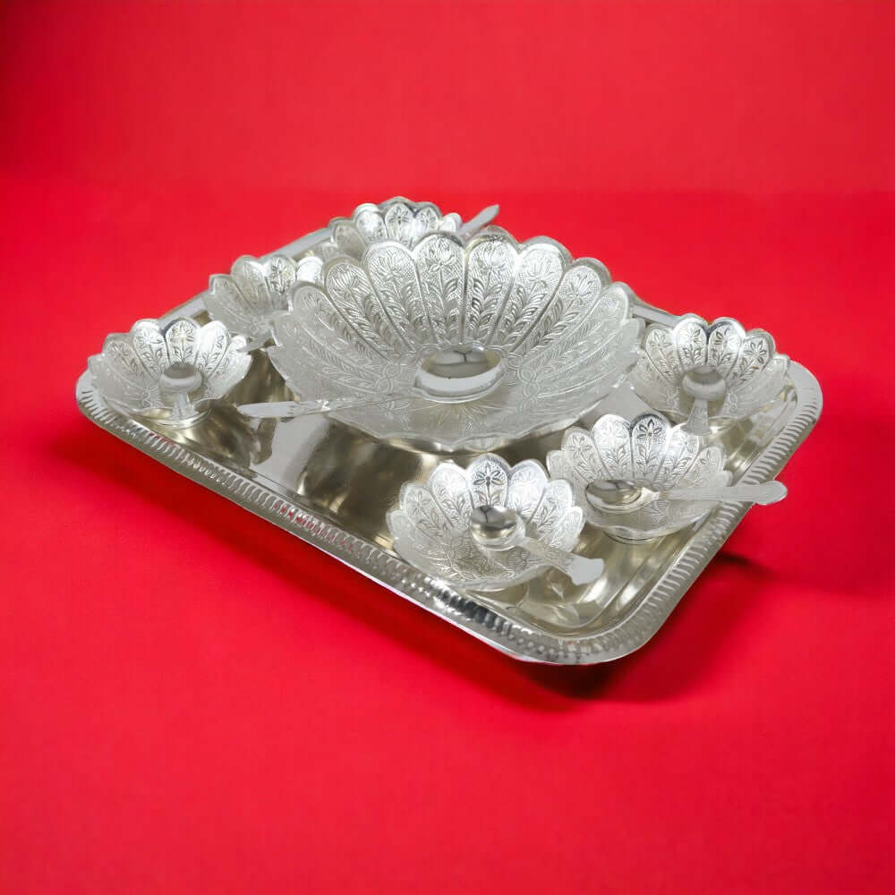 ROYALSTUFFS Silver Plated Handmade Designer Set of 6 Small Bowl & 1 Big Bowl 6 Small Spoon & 1 Big Spoon With 1 Tray With Beautiful Red Velvet Box - Royalstuffs.com