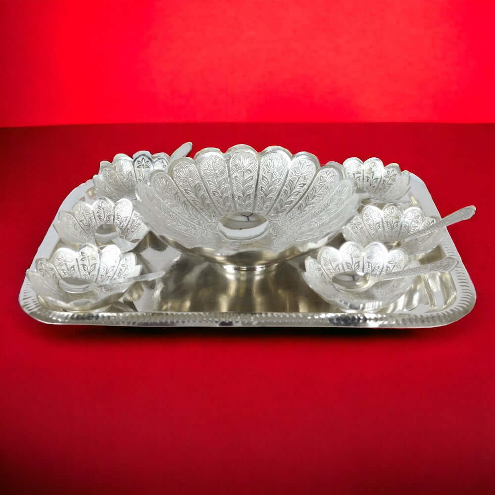 ROYALSTUFFS Silver Plated Handmade Designer Set of 6 Small Bowl & 1 Big Bowl 6 Small Spoon & 1 Big Spoon With 1 Tray With Beautiful Red Velvet Box - Royalstuffs.com