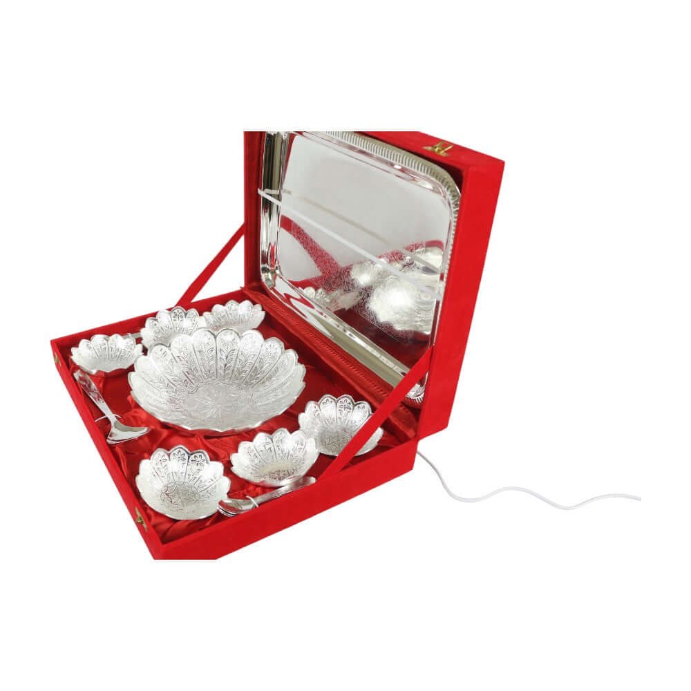 ROYALSTUFFS Silver Plated Handmade Designer Set of 6 Small Bowl & 1 Big Bowl 6 Small Spoon & 1 Big Spoon With 1 Tray With Beautiful Red Velvet Box - Royalstuffs.com