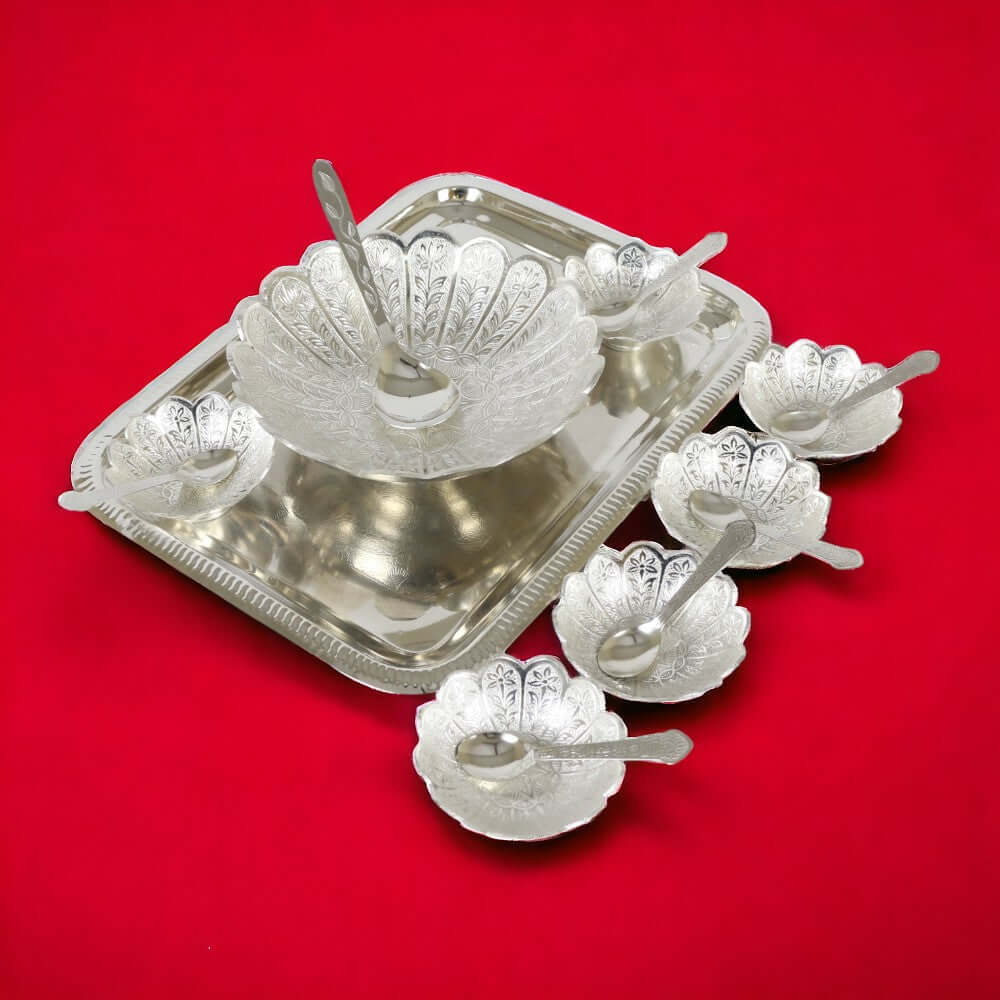 ROYALSTUFFS Silver Plated Handmade Designer Set of 6 Small Bowl & 1 Big Bowl 6 Small Spoon & 1 Big Spoon With 1 Tray With Beautiful Red Velvet Box - Royalstuffs.com
