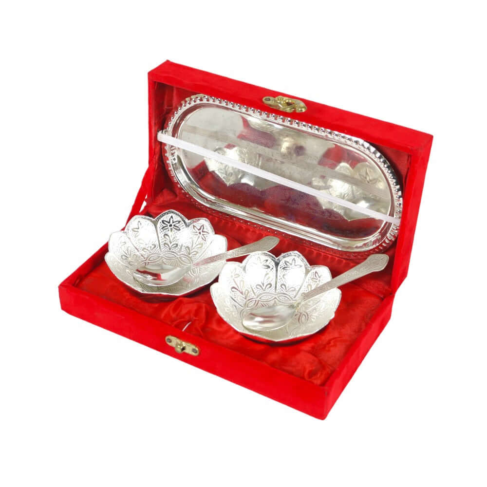 ROYALSTUFFS Silver Plated & Polished Lotus Design Set of 2 Bowl with 2 Spoon & 1 Tray, Diwali Festive Gifts Item - Royalstuffs.com
