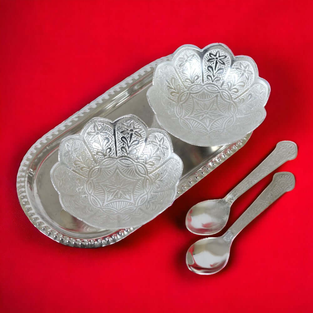 ROYALSTUFFS Silver Plated & Polished Lotus Design Set of 2 Bowl with 2 Spoon & 1 Tray, Diwali Festive Gifts Item - Royalstuffs.com