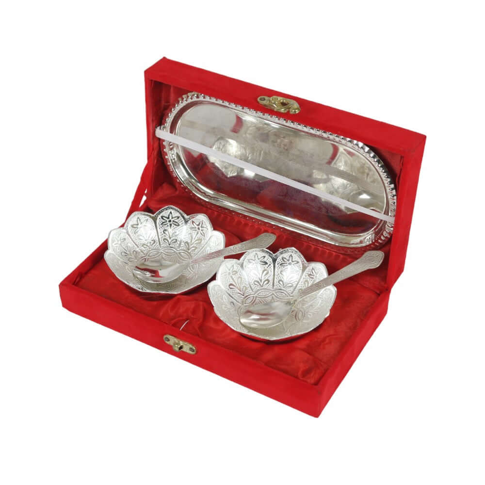 ROYALSTUFFS Silver Plated & Polished Lotus Design Set of 2 Bowl with 2 Spoon & 1 Tray, Diwali Festive Gifts Item - Royalstuffs.com
