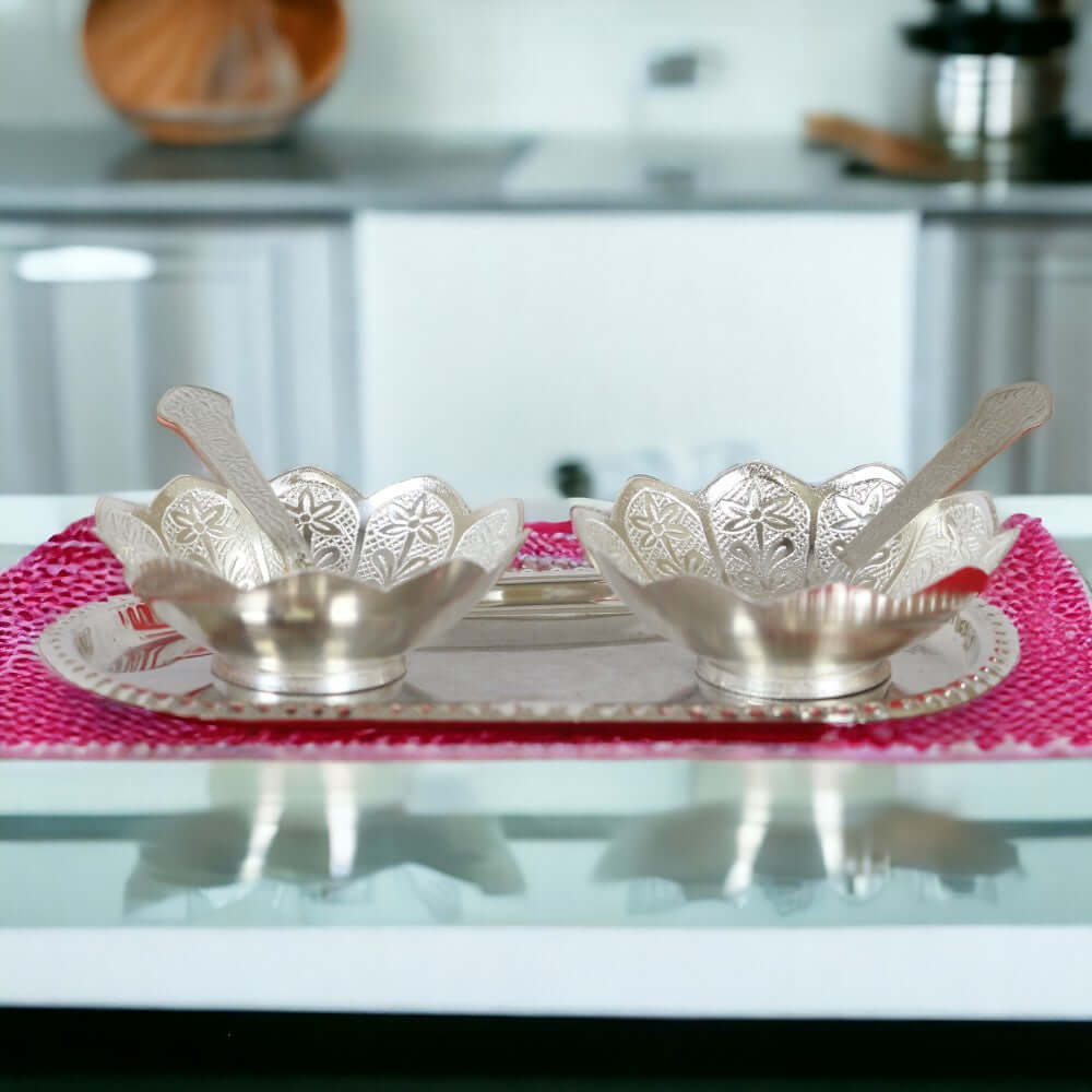 ROYALSTUFFS Silver Plated & Polished Lotus Design Set of 2 Bowl with 2 Spoon & 1 Tray, Diwali Festive Gifts Item - Royalstuffs.com