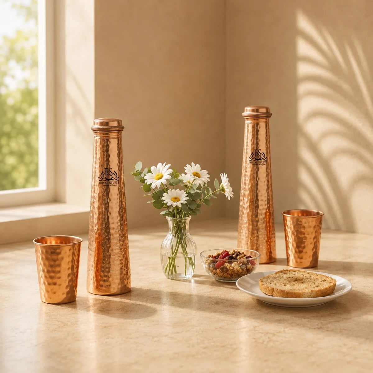 ROYALSTUFFS Tower Shape Copper Water Bottles and Tumbler Glasses | Combo Set of 4 Pcs of Drinkware Vessel || Handcrafted Ayurvedic || Leak Proof Lid – Smooth Finish 750 ML - Royalstuffs.com