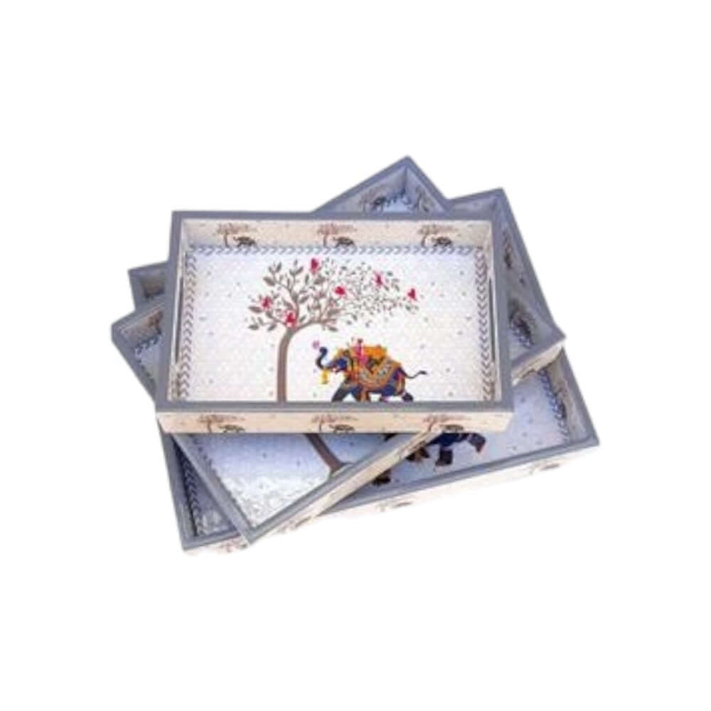 ROYALTUFFS MDF Rectangle Tray Set Of 3 – S/M/L Sizes – Epoxy Coated – Elephant Design (Off White) - Royalstuffs.com