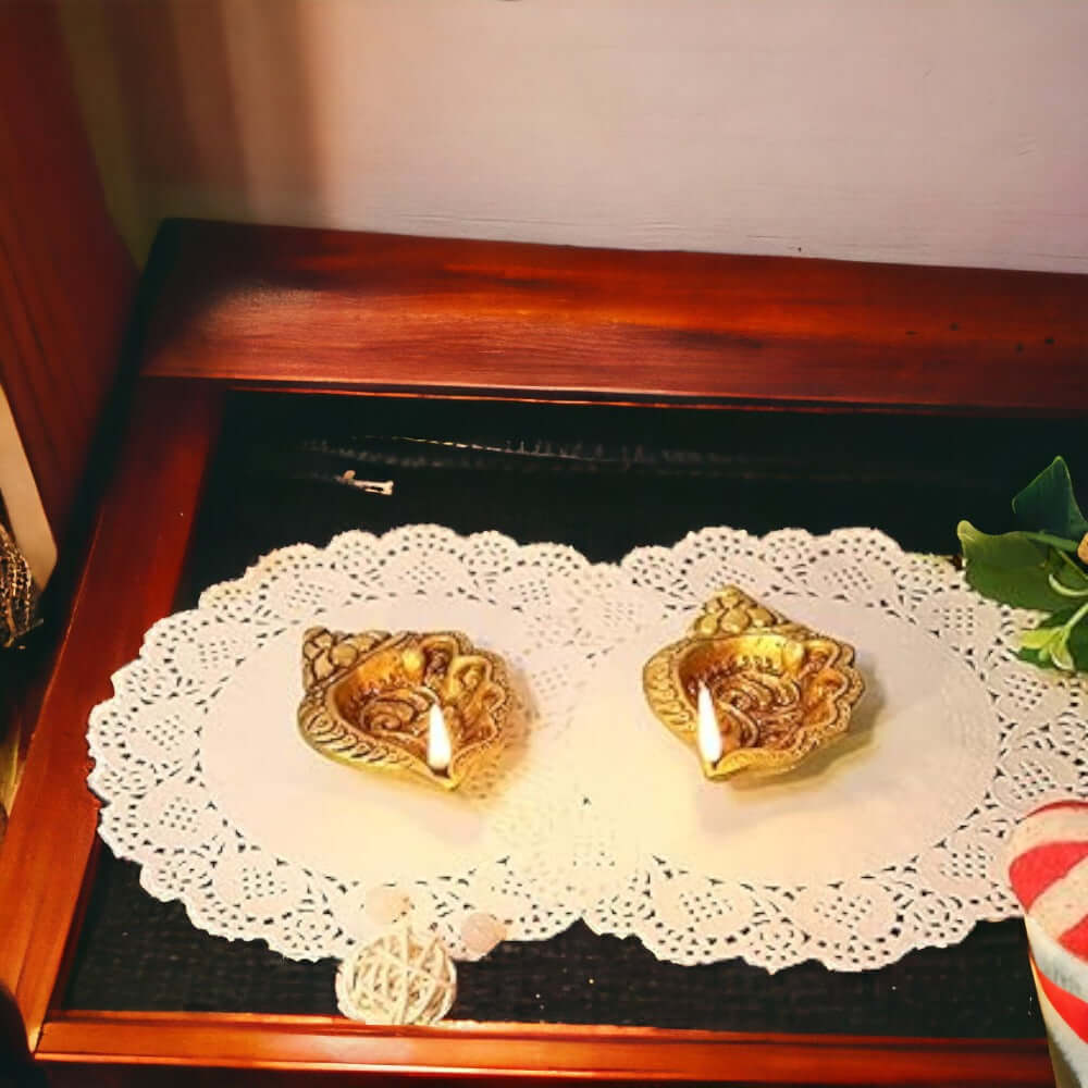 Set Of 2 Brass Diya For Puja /Table Decorative Showpiece - 2.5 cm (Brass, Gold),Weight:400 Gram - Royalstuffs.com