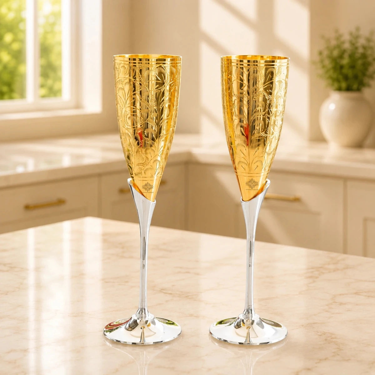 Set of 2 Golden Plated Brass Wine Glass, Metal Goblet, Champagne Flute - Royalstuffs.com