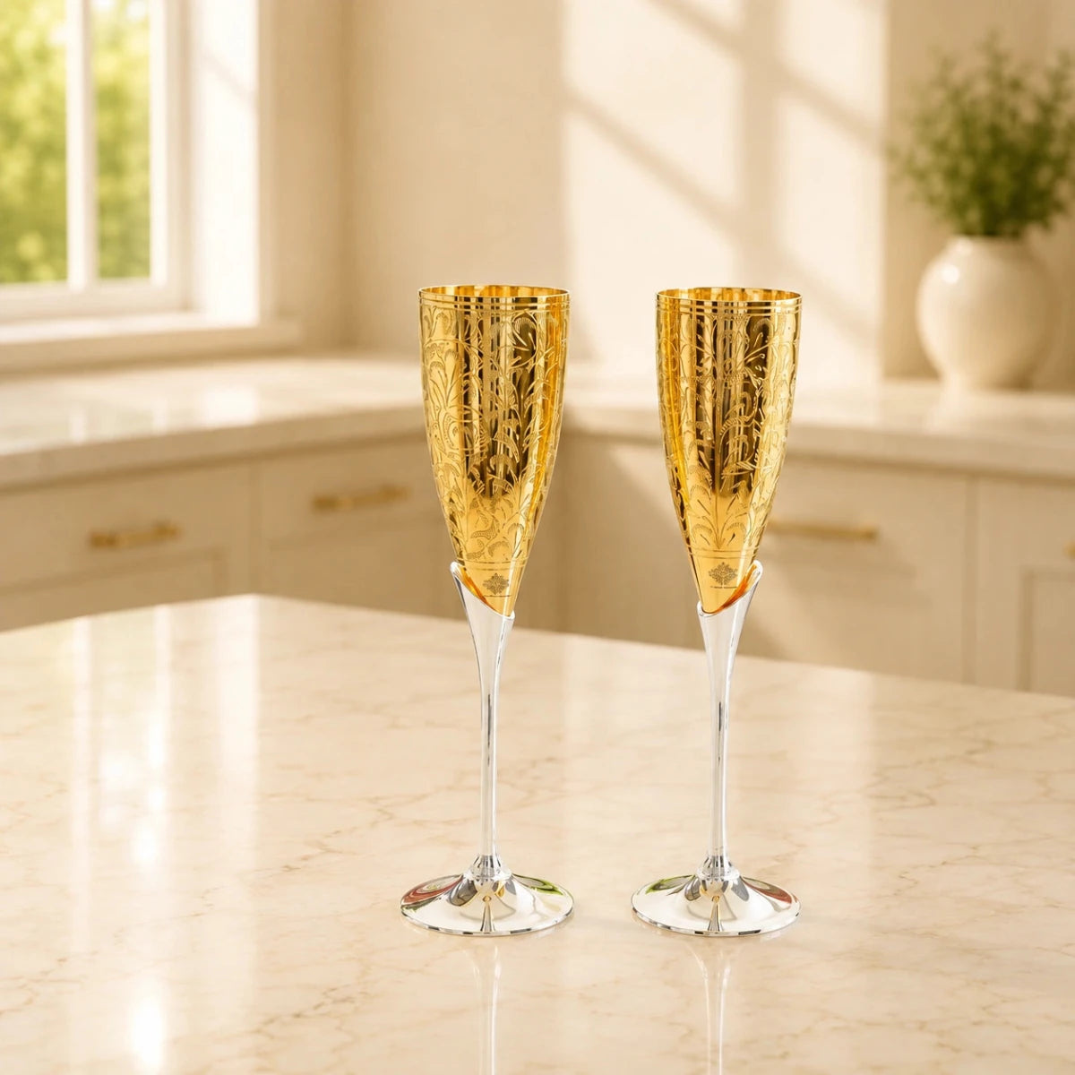 Set of 2 Golden Plated Brass Wine Glass, Metal Goblet, Champagne Flute - Royalstuffs.com