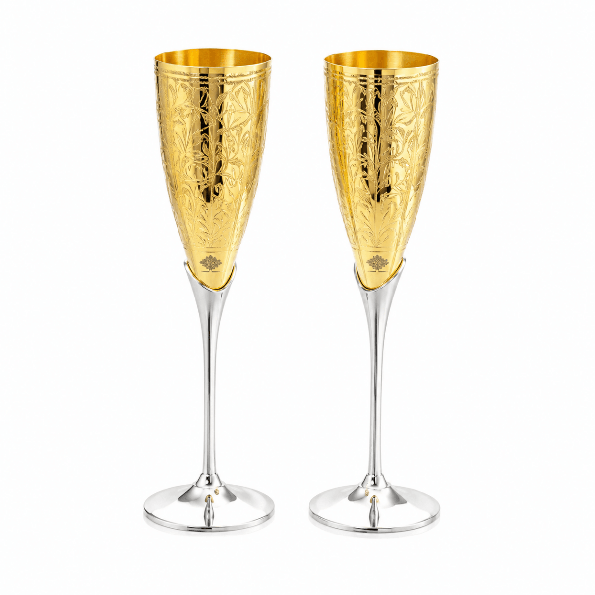 Set of 2 Golden Plated Brass Wine Glass, Metal Goblet, Champagne Flute - Royalstuffs.com