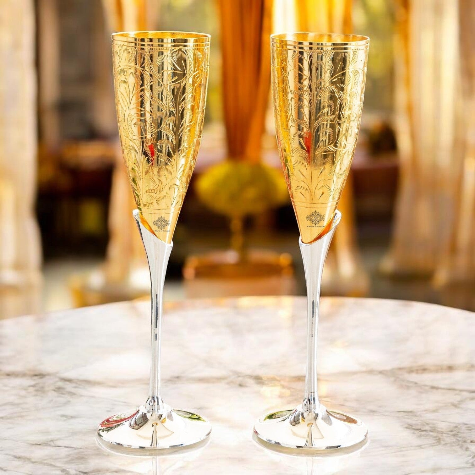 Set of 2 Golden Plated Brass Wine Glass, Metal Goblet, Champagne Flute - Royalstuffs.com