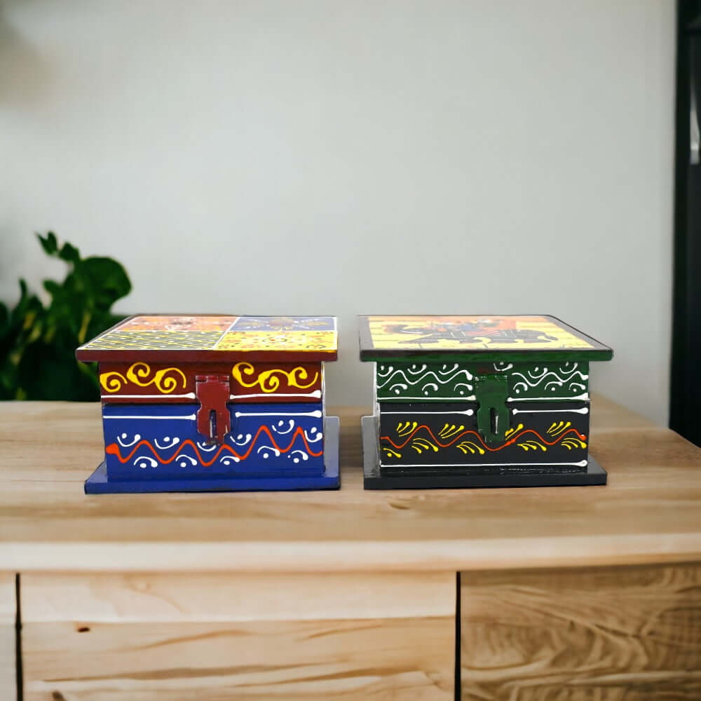 Set Of 2 Multicolor Teak Wood Handcrafted Wooden Box Set, For Home( Weight : 330 Gram) - Royalstuffs.com