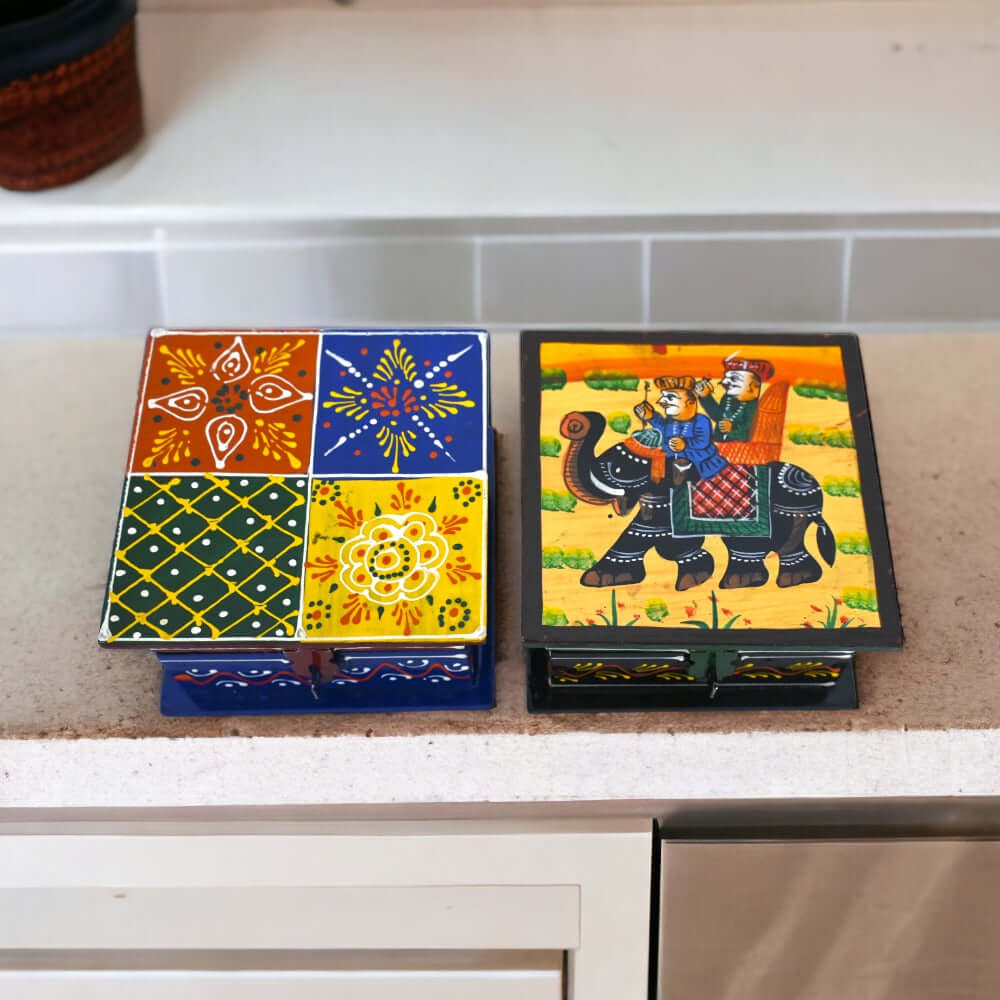 Set Of 2 Multicolor Teak Wood Handcrafted Wooden Box Set, For Home( Weight : 330 Gram) - Royalstuffs.com