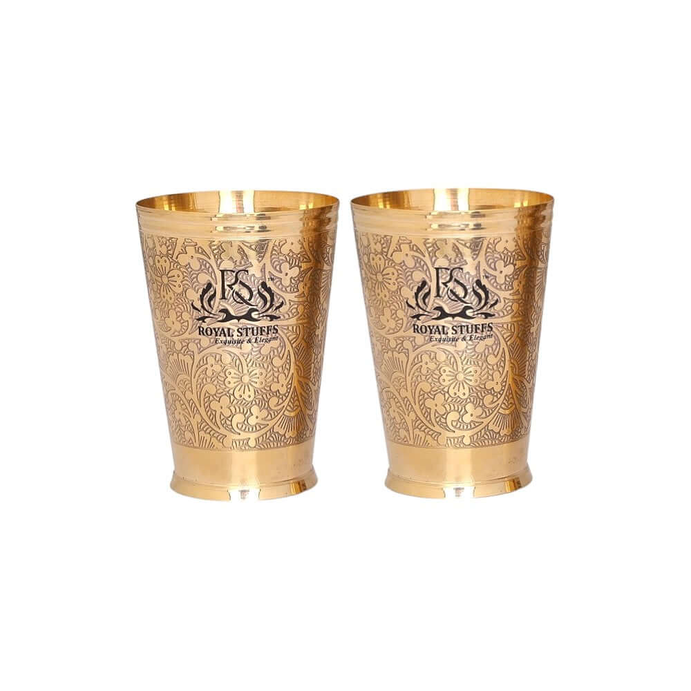 Set of 2 Pure Brass Drinking Glasses (300 ml Each) – Embossed Royal Design - Royalstuffs.com