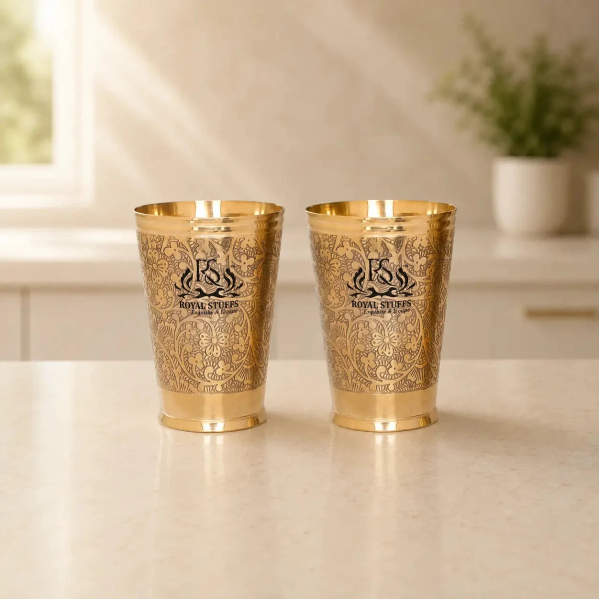 Set of 2 Pure Brass Drinking Glasses (300 ml Each) – Embossed Royal Design - Royalstuffs.com