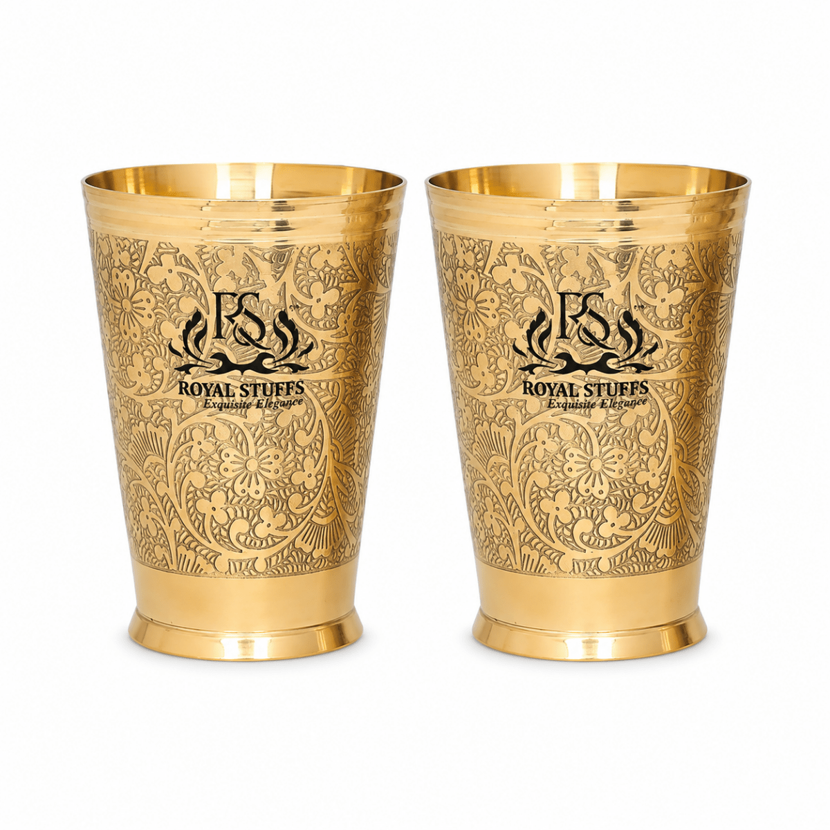 Set of 2 Pure Brass Drinking Glasses (300 ml Each) – Embossed Royal Design - Royalstuffs.com