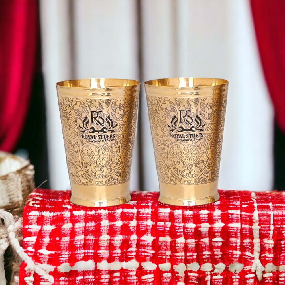 Set of 2 Pure Brass Drinking Glasses (300 ml Each) – Embossed Royal Design - Royalstuffs.com