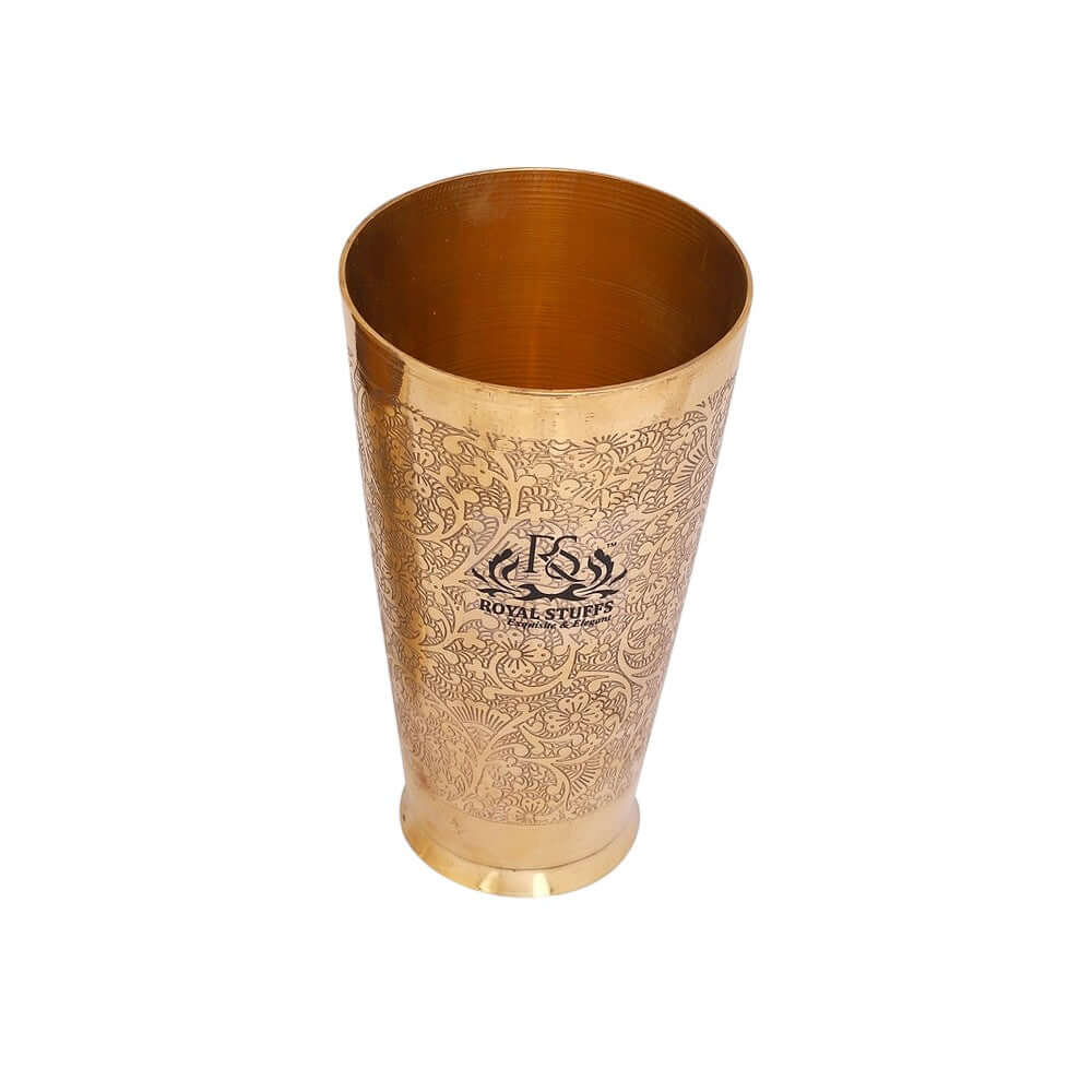 Set of 2 Pure Brass Lassi Glasses (600 ml Each) – Embossed Traditional Design - Royalstuffs.com