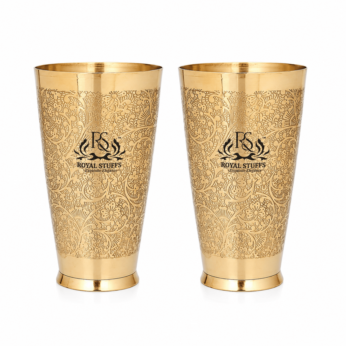 Set of 2 Pure Brass Lassi Glasses (600 ml Each) – Embossed Traditional Design - Royalstuffs.com