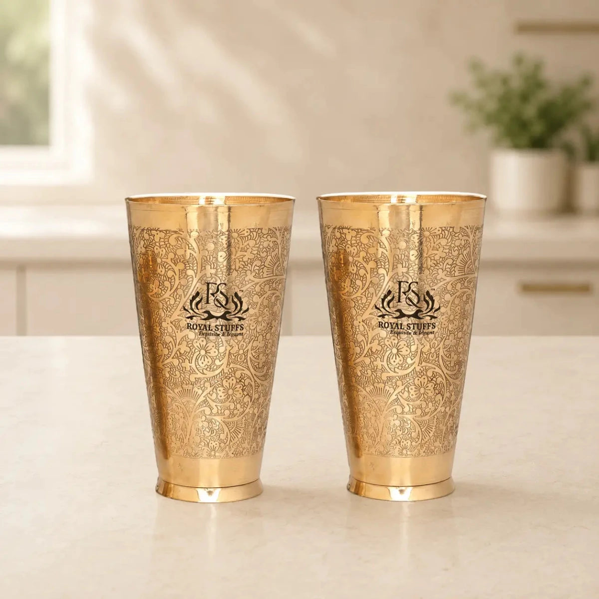 Set of 2 Pure Brass Lassi Glasses (600 ml Each) – Embossed Traditional Design - Royalstuffs.com