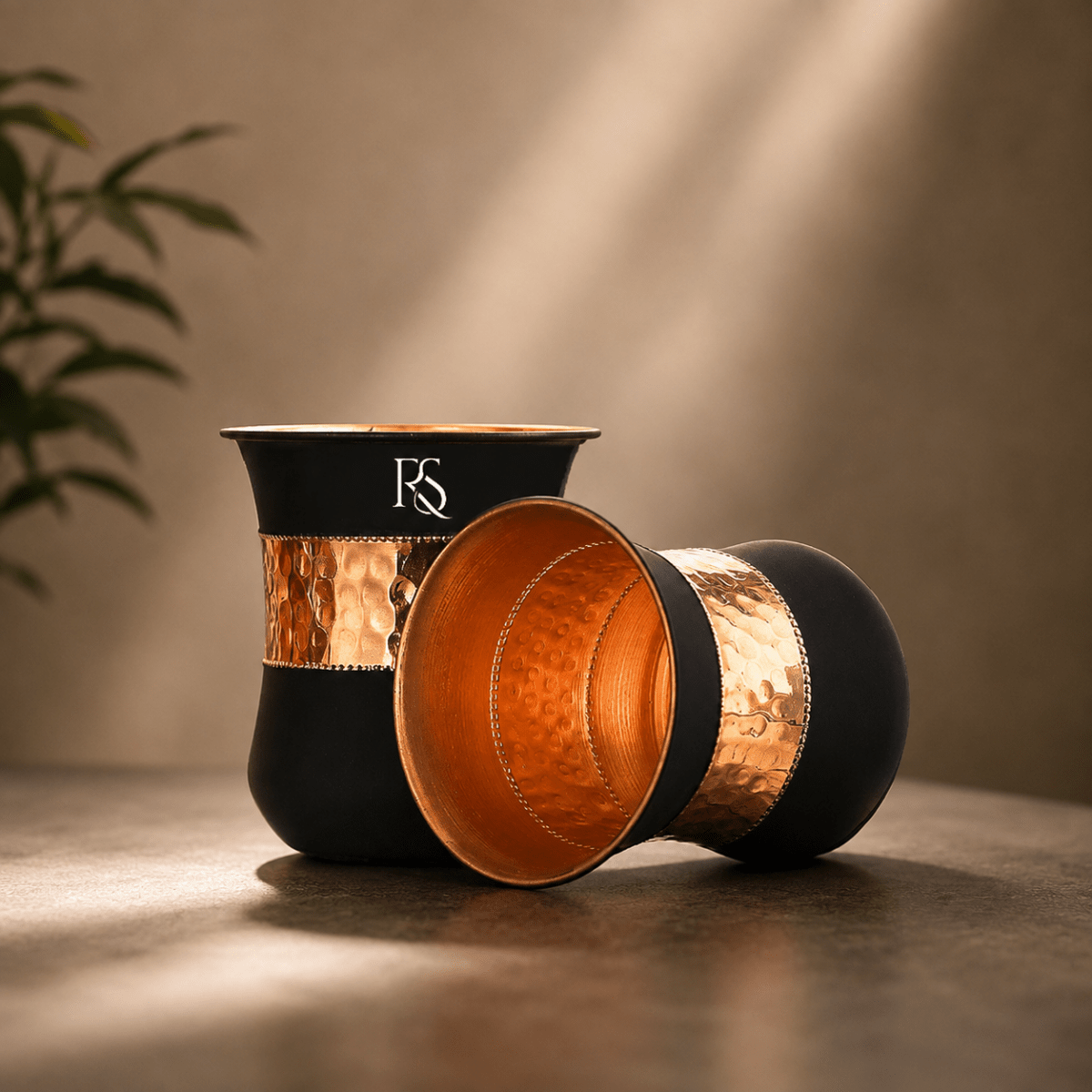 Set of 2 Silk Black Half Hammered Tumbler Pure Copper Water Glass Capacity 250ML - Royalstuffs.com