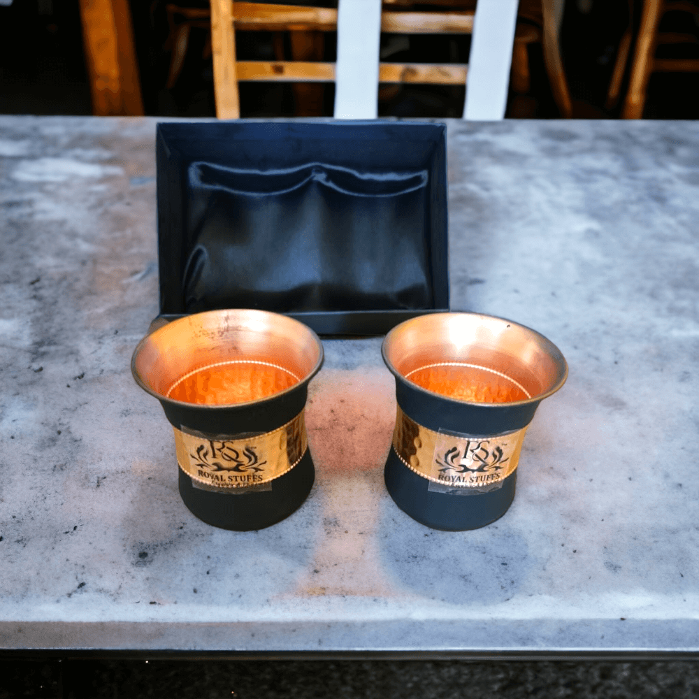 Set of 2 Silk Black Half Hammered Tumbler Pure Copper Water Glass Capacity 250ML - Royalstuffs.com