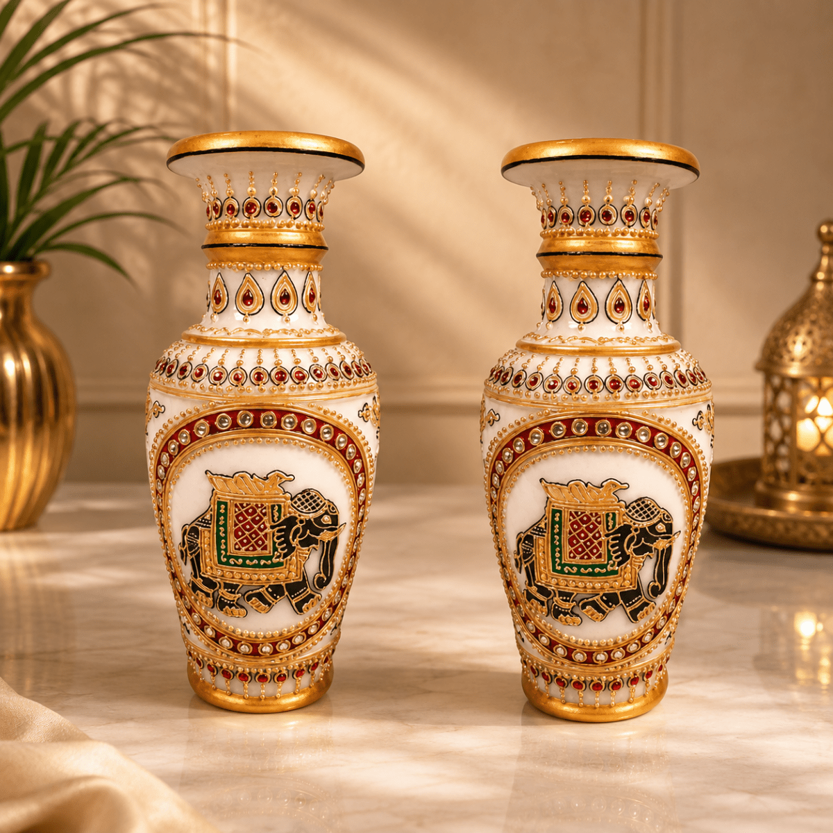Set of 2 Vintage Makrana Marble Vases - Hand-Painted Rajasthani Art - Royalstuffs.com