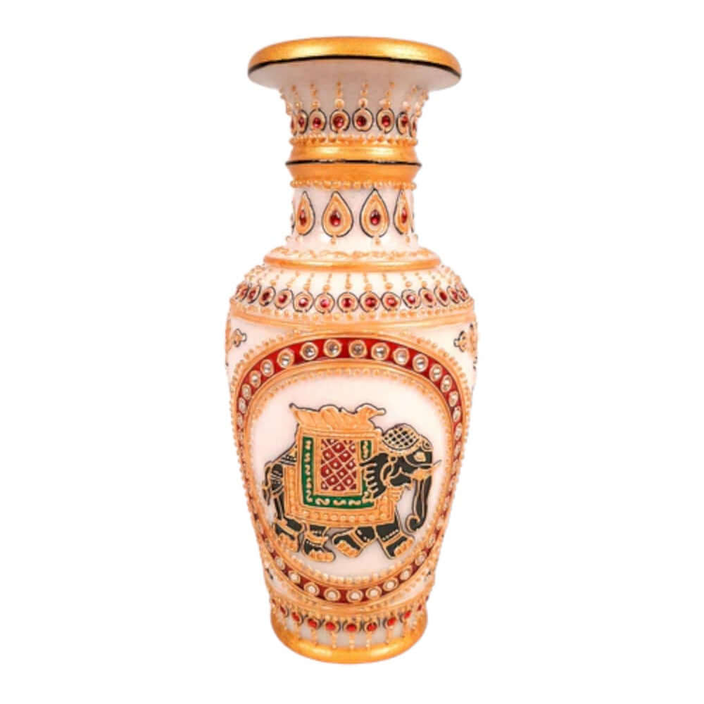 Set Of 2 Vintage,Makrana Marble Vase,Rajasthani Vase,Indian Vase,Marble Vase,Indian Folk Art,Boho Gift,Vase,Bohemian Interiors,Beaded Vase,Elephant Hand Paint Vase - Royalstuffs.com