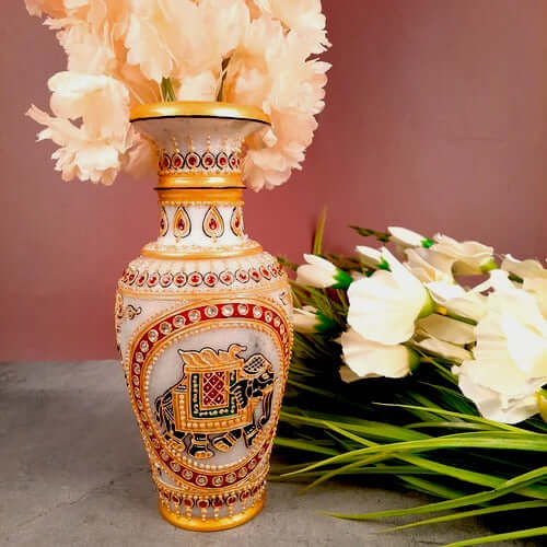 Set Of 2 Vintage,Makrana Marble Vase,Rajasthani Vase,Indian Vase,Marble Vase,Indian Folk Art,Boho Gift,Vase,Bohemian Interiors,Beaded Vase,Elephant Hand Paint Vase - Royalstuffs.com