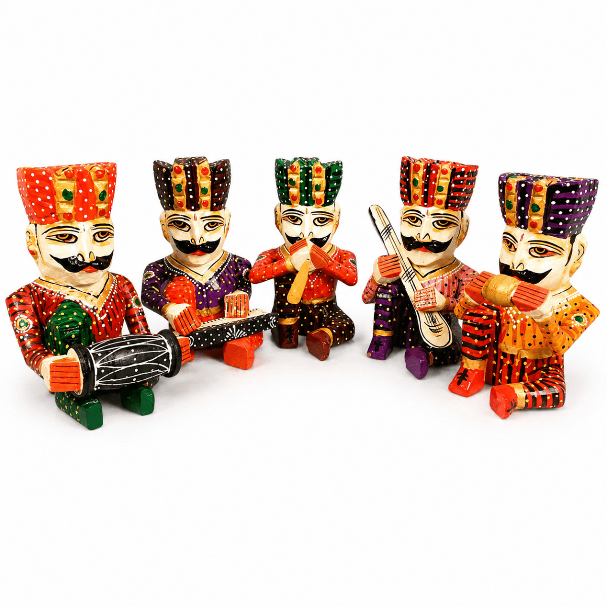 Set of 5 Royal Rajasthani Musician Wooden Showpiece - For Table & Home Decor - 6 Inch - Royalstuffs.com