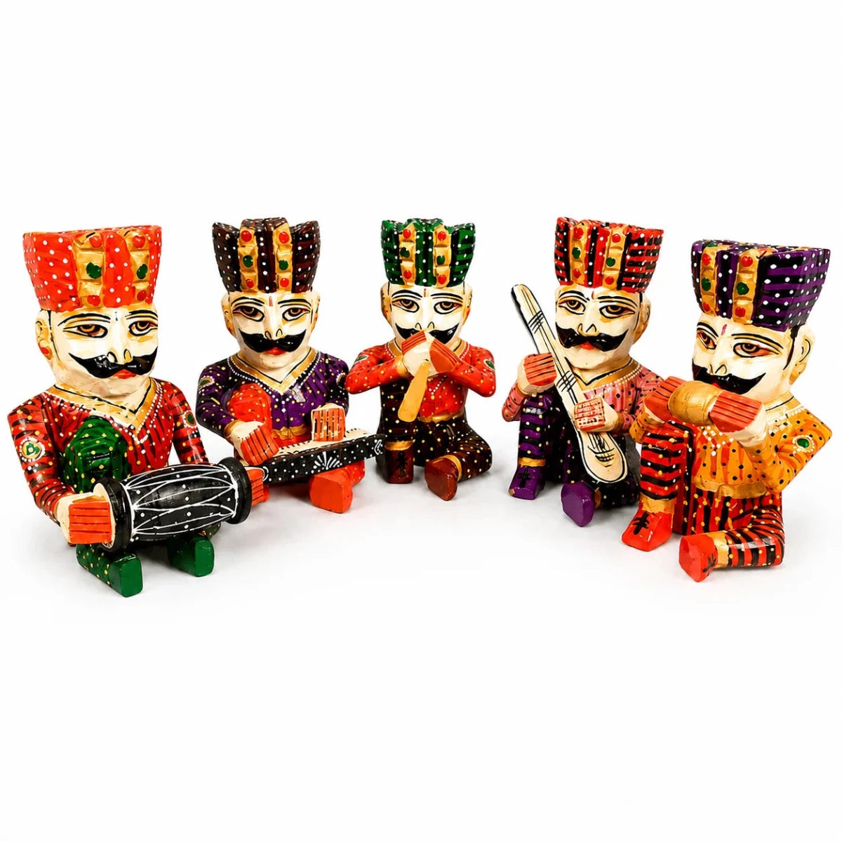 Set of 5 Royal Rajasthani Musician Wooden Showpiece - For Table & Home Decor - 6 Inch - Royalstuffs.com