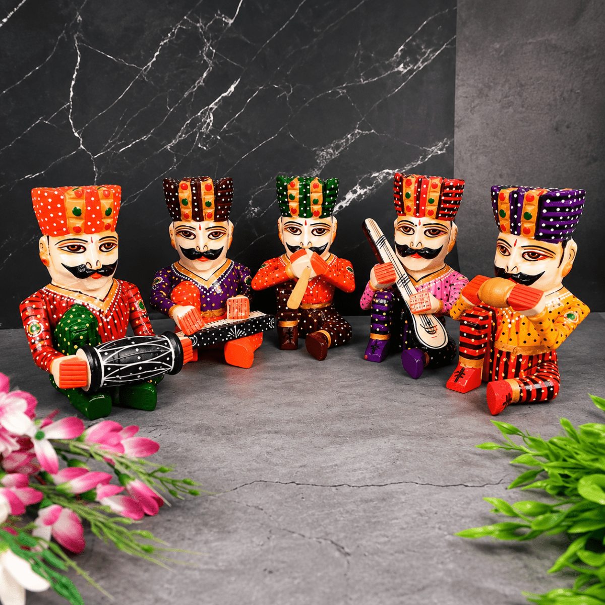 Set of 5 Royal Rajasthani Musician Wooden Showpiece - For Table & Home Decor - 6 Inch - Royalstuffs.com
