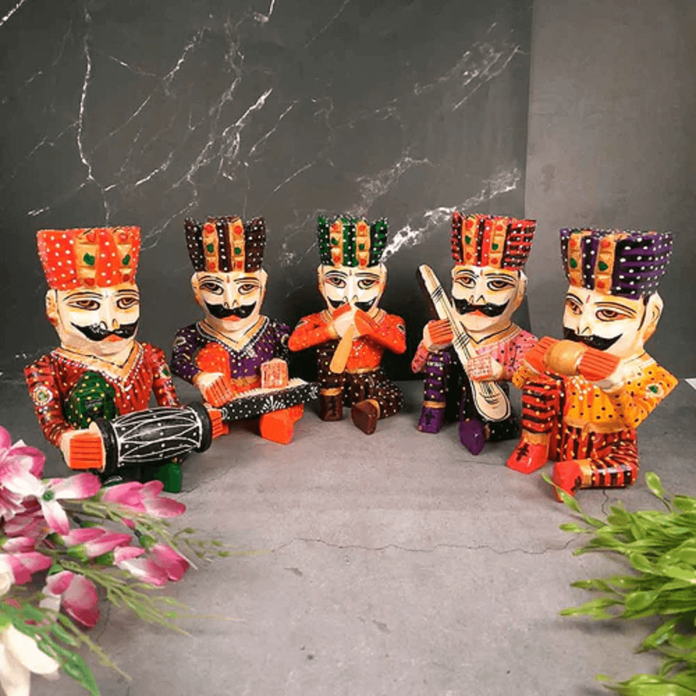Set of 5 Royal Rajasthani Musician Wooden Showpiece - For Table & Home Decor - 6 Inch - Royalstuffs.com