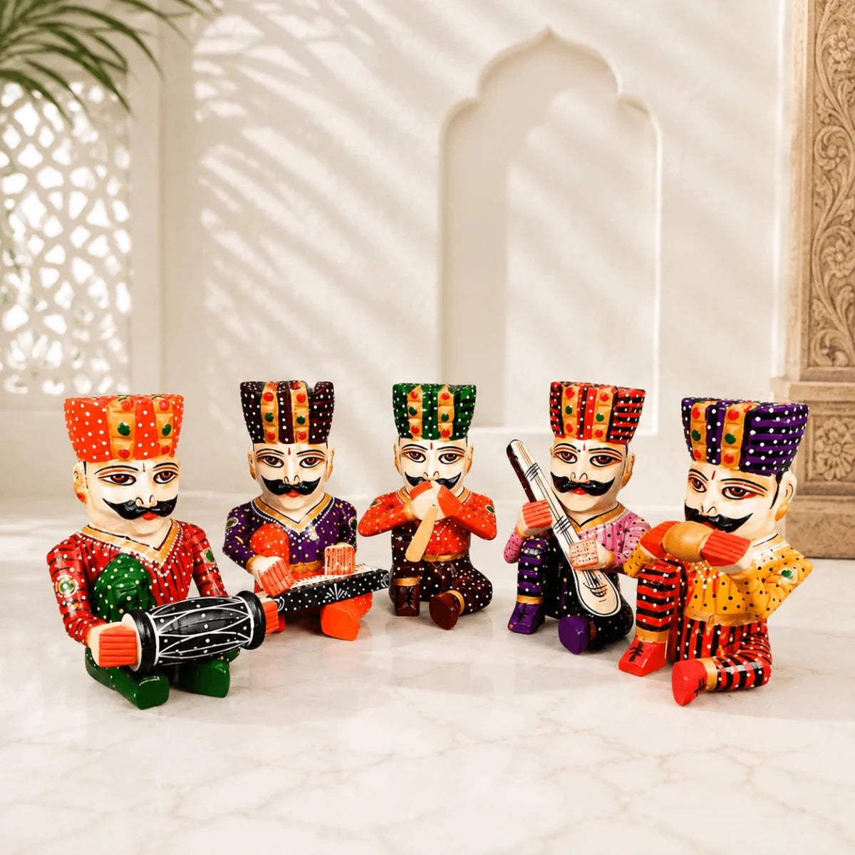 Set of 5 Royal Rajasthani Musician Wooden Showpiece - For Table & Home Decor - 6 Inch - Royalstuffs.com