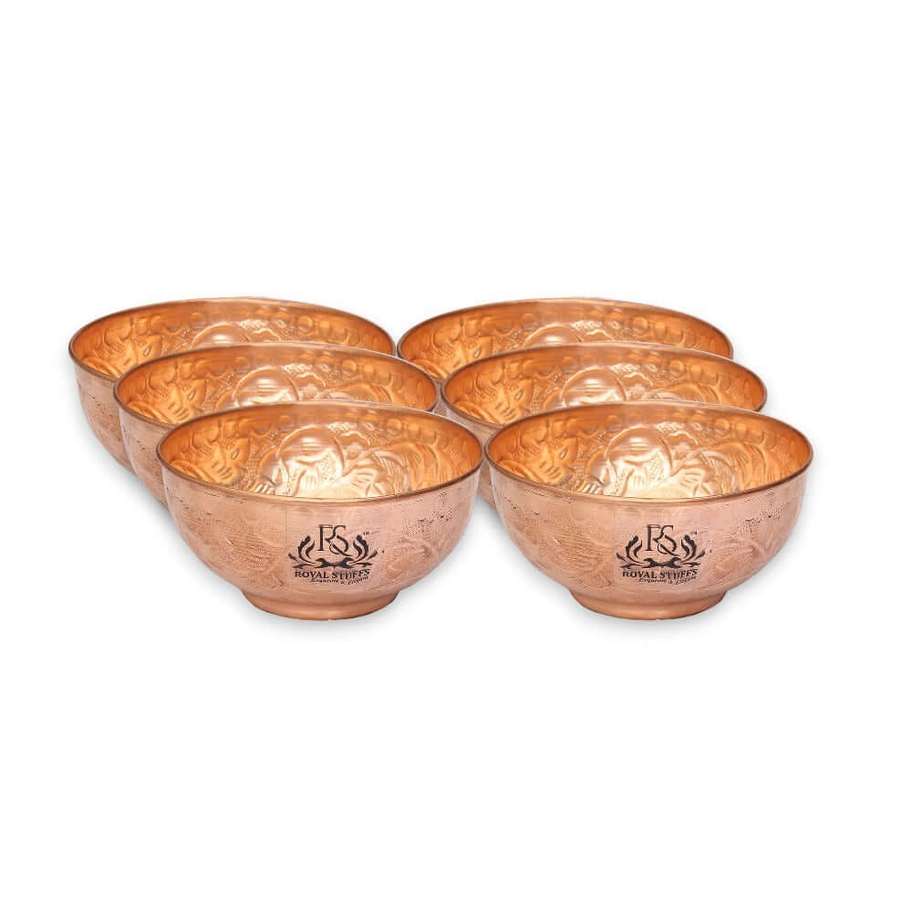 Set of 6 Embossed Leaf Design Copper Bowl (440 ml) Each - Royalstuffs.com