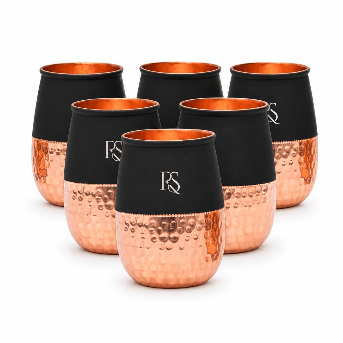 Set of 6 Silk Black Half Hammered Dholak Tumbler Pure Copper Water Glass Capacity 250ML - Royalstuffs.com