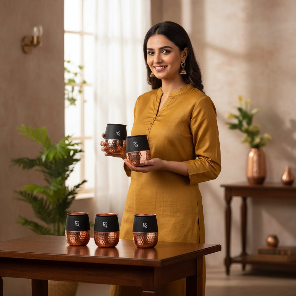 Set of 6 Silk Black Half Hammered Dholak Tumbler Pure Copper Water Glass Capacity 250ML - Royalstuffs.com