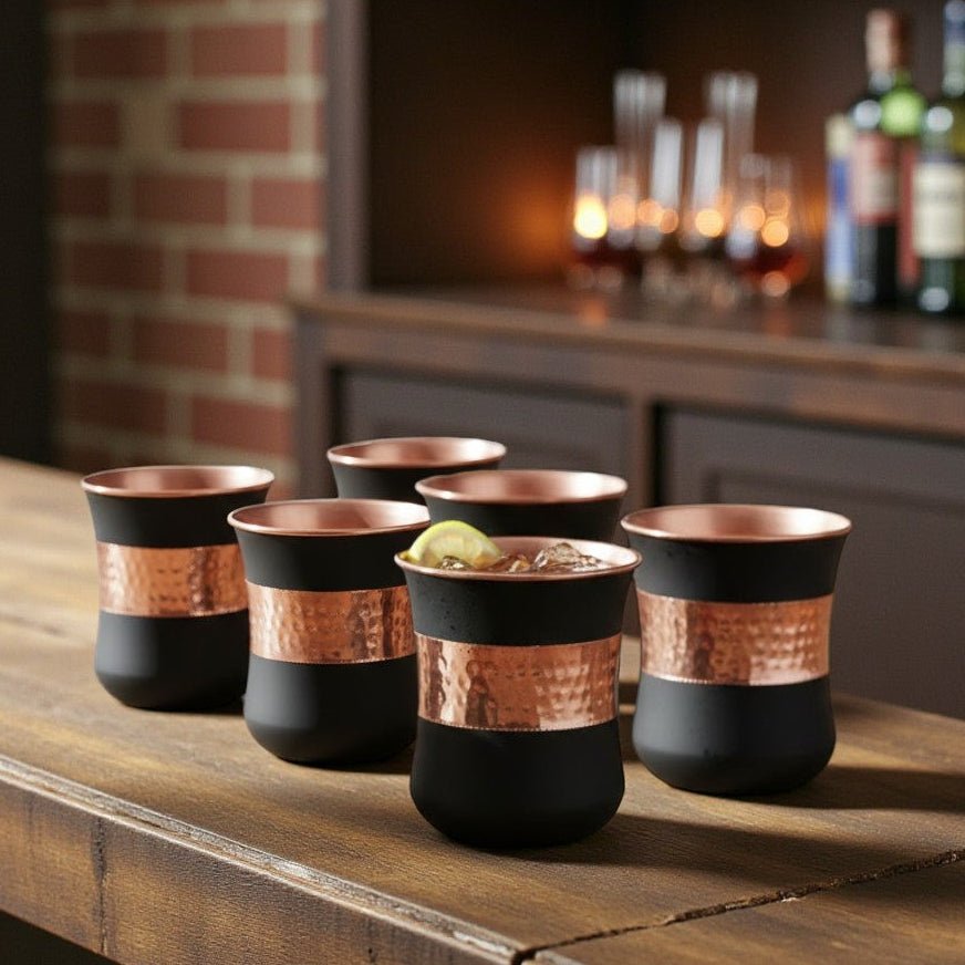 Set of 6 Silk Black Half Hammered Tumbler Pure Copper Water Glass Capacity 250ML - Royalstuffs.com