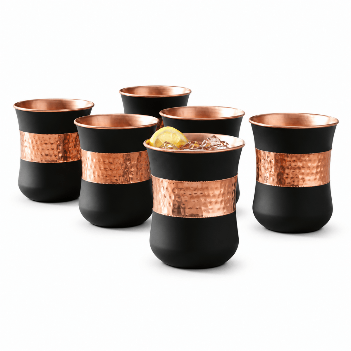 Set of 6 Silk Black Half Hammered Tumbler Pure Copper Water Glass Capacity 250ML - Royalstuffs.com