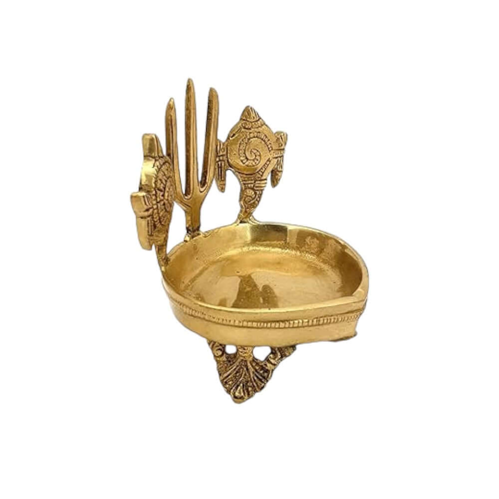 Side View of Brass Shanku Chakra Namah Deepam Diya for Diwali Pooja, Home Temple and Festive Decor