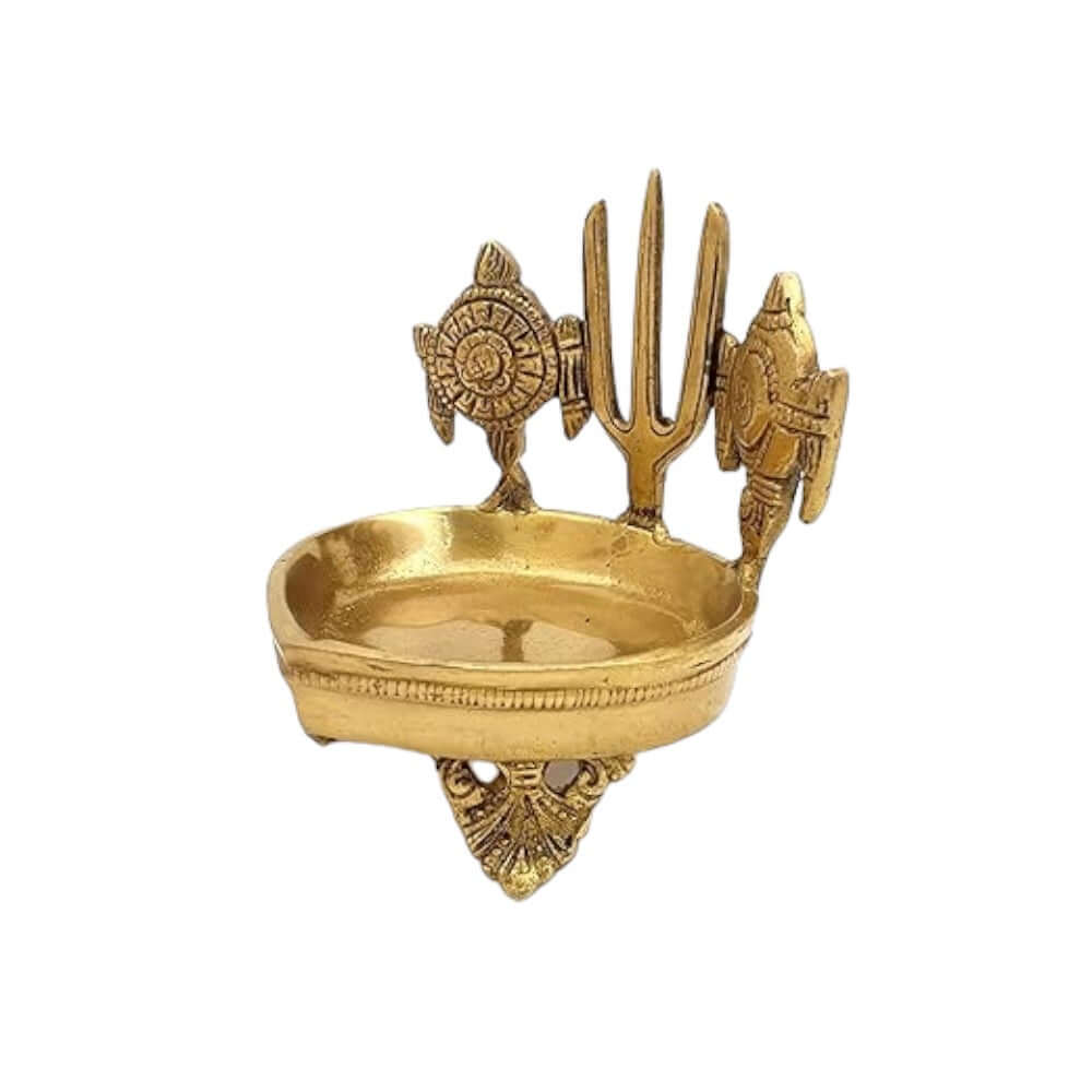 Angled View of Handcrafted Brass Shanku Chakra Namah Deepam Diya for Daily Worship and Home Temple