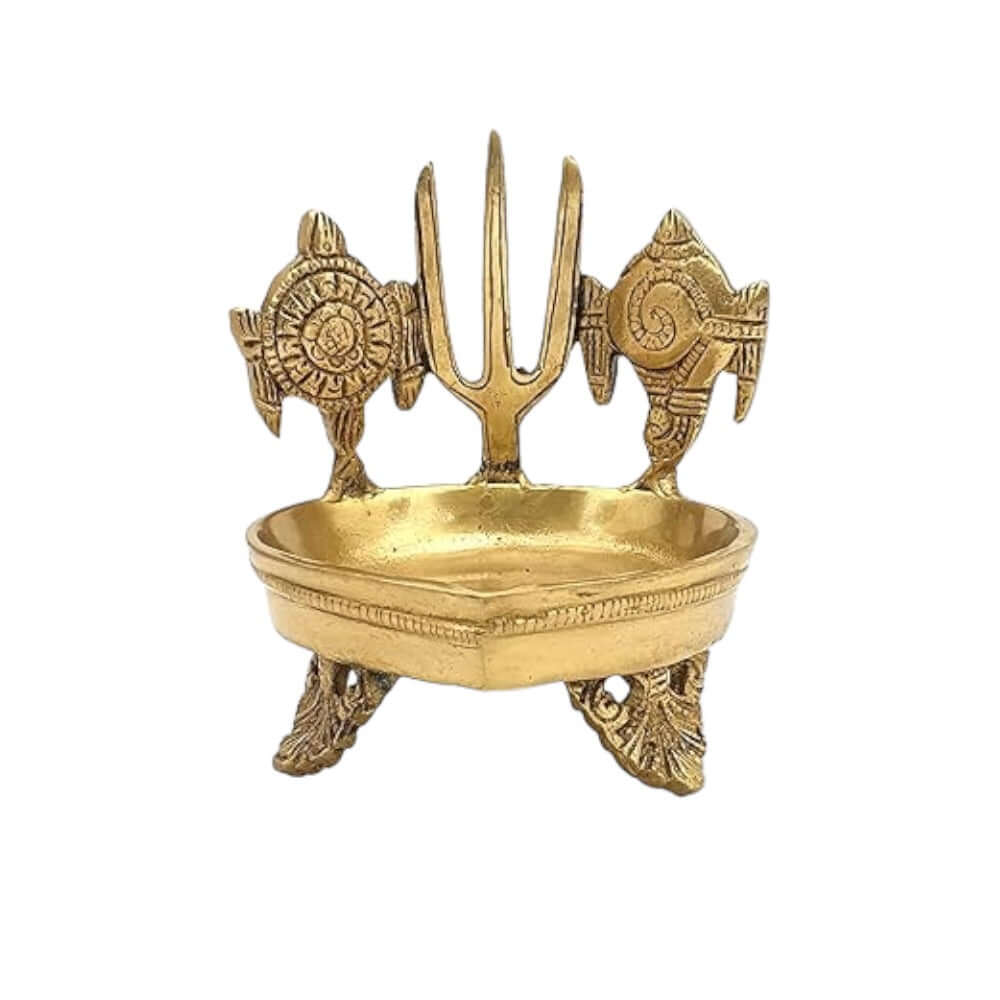 Front View of Brass Shanku Chakra Namah Deepam Diya for Home Temple, Daily Pooja and Spiritual Decor