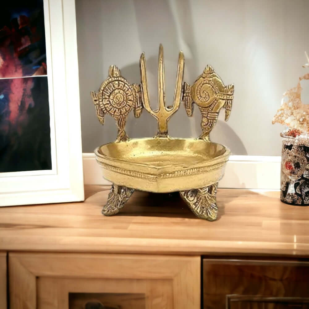 Brass Shanku Chakra Namah Deepam Diya Displayed in Home Temple for Daily Worship and Festive Decor